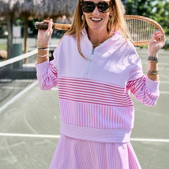 Addison Bay JV Pink Striped Quarter-Zip Pullover - Picture 2 of 2